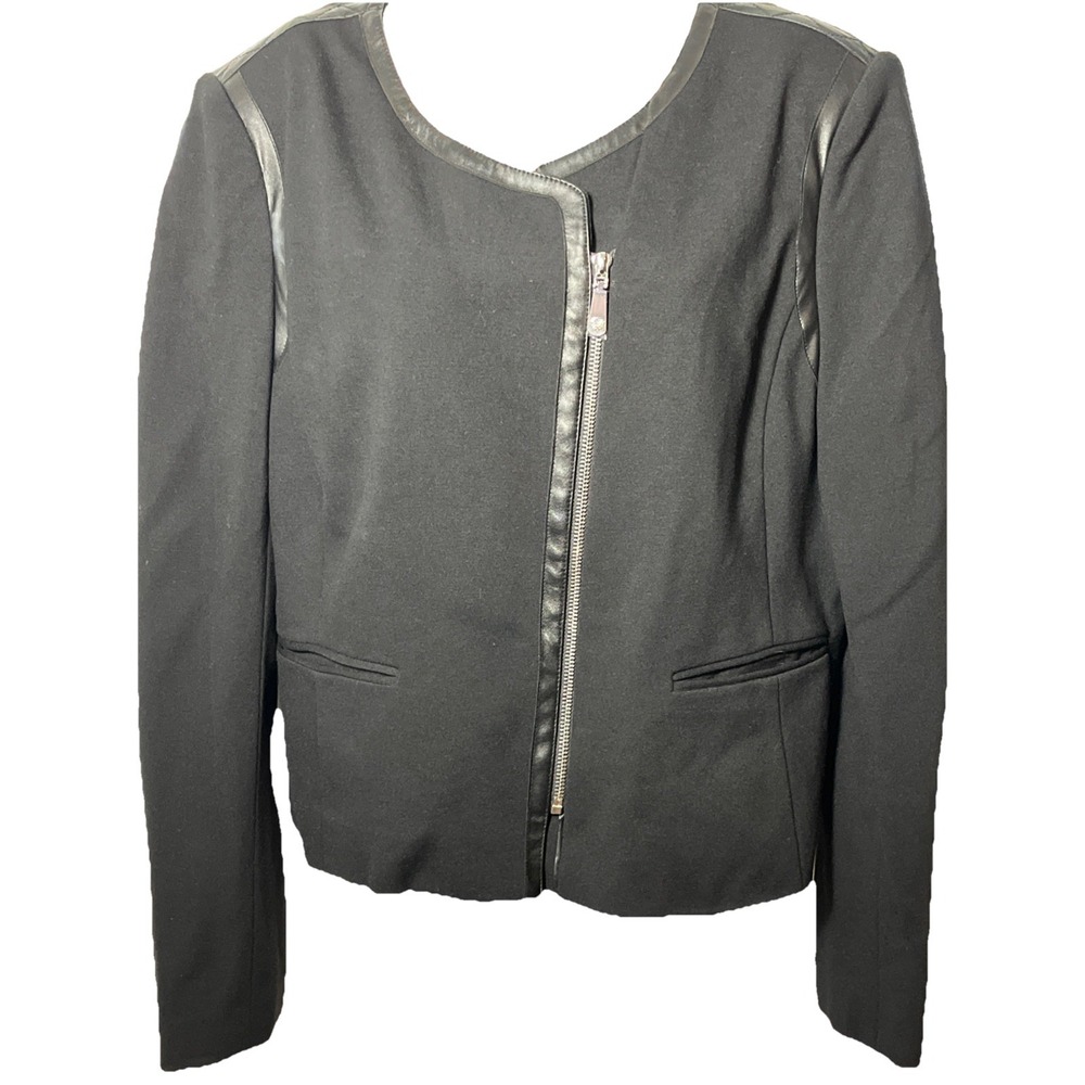 Vince Camuto Black Asymmetrical‎ Zip Faux Leather Trim Blazer Jacket Womens 14